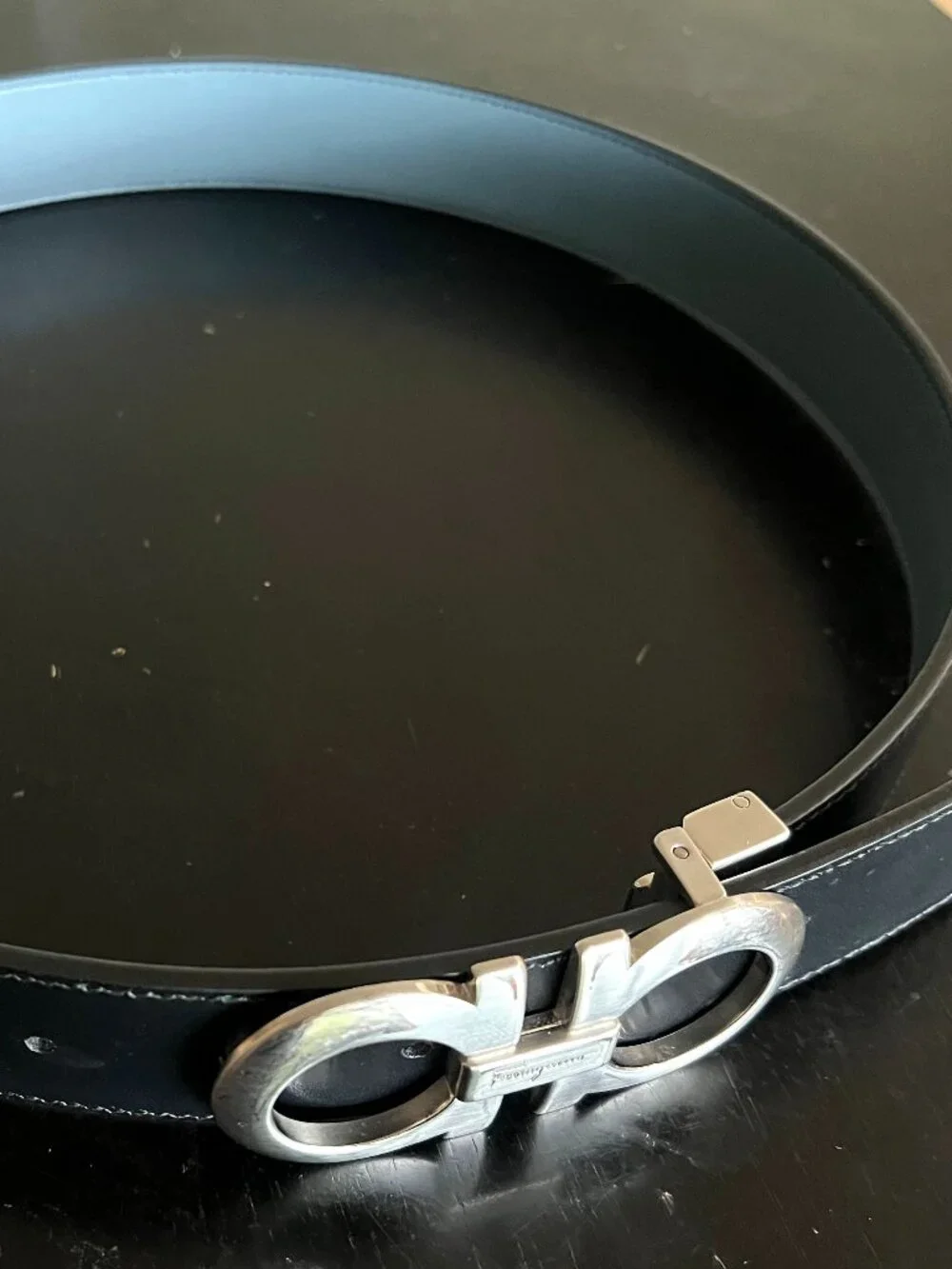 Salvatore Ferragamo Double Gancini Leather Belt Silver Buckle Black 31